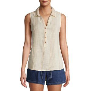 Time and Tru Women's Henley Popover Sleeveless Top Nomad Brown/Delicate Ivory- M